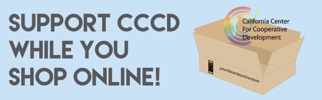 Text block with "Support CCCD While You Shop Online!" next to a cardboard box with the CCCD logo hovering atop