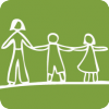 Drawing of childrenwith an adult holding hands in white outlines on a green background